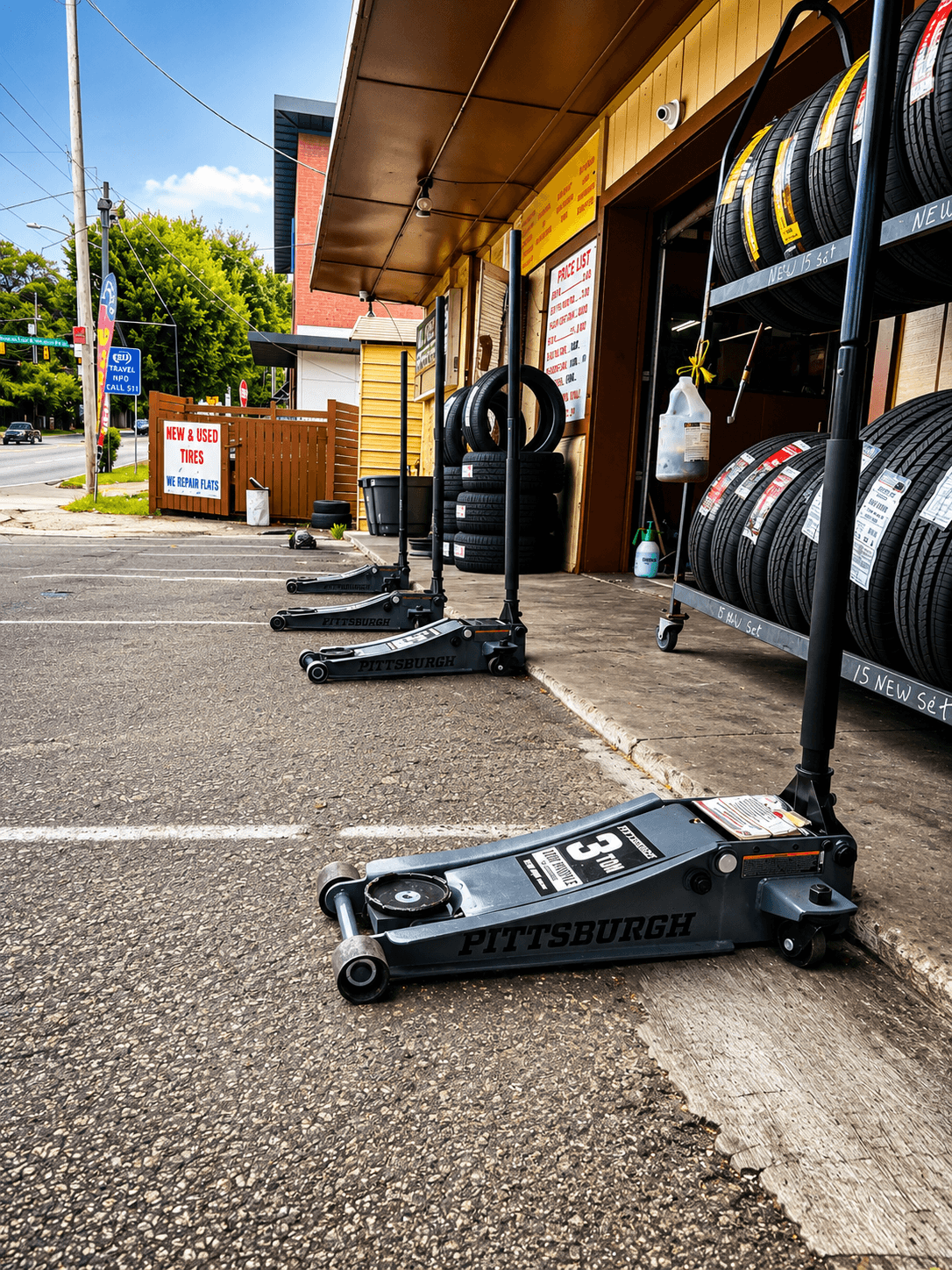 Floor jacks and tire display